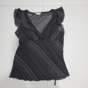 Y2K Whimsigoth Witch Shirt Womens Medium Black Sheer Stripe Wrap Top Flutter